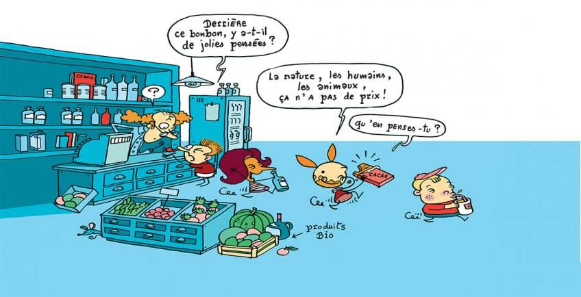 Illustration de Myrtille et ses amis dans un magasin bio et équitable